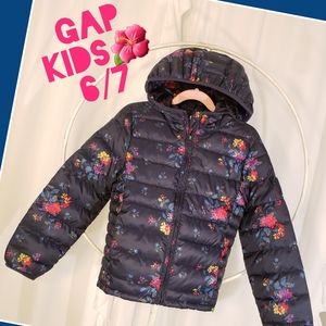 GAP PUFFER Girls Coat Dark Blue Sz 6/7 w Flowers